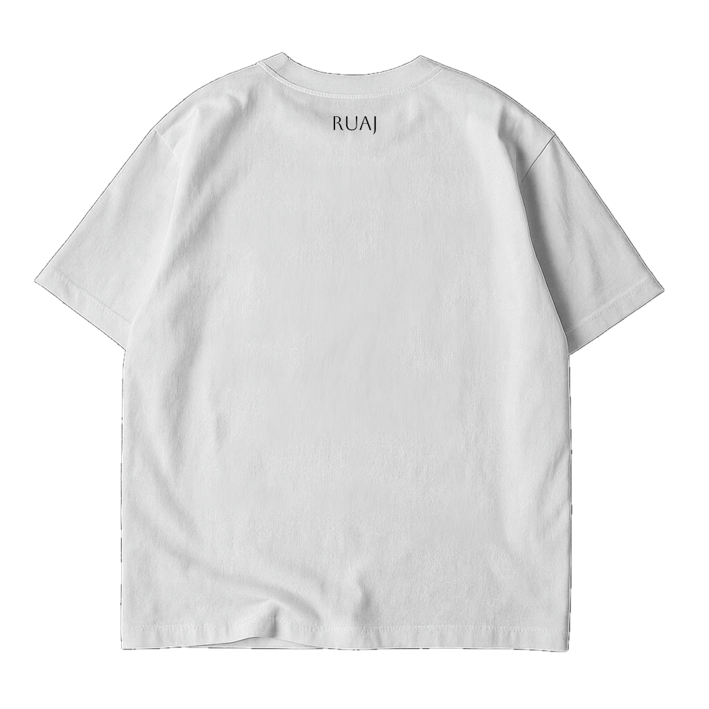 Camiseta oversize blanca RUAJ — diseño trasero con mensaje “Amor Inagotable / Por la Eternidad”, referencia Juan 3:16